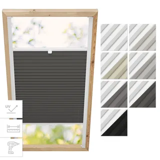 Estika Dachfenster-Plissee mit Bohren – Verdunkelung & Thermo, für Fakro-Fenster Modell 66/98, Stofffarbe Anthrazit-Weiß – Dachfensterrollo, Innenrollo, Fensterplissee