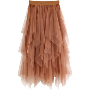Tüllrock Damen Große Größen Lang Tüll Rock Midirock Elastischer Hoher Bund Asymmetrisch Mesh Lagenrock Netzstoff A-Linie Midi-Swing-Rock Faltenrock