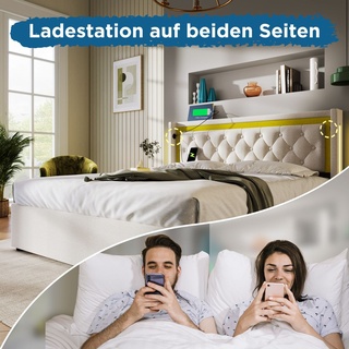okwish Polsterbett 160x200 cm, LED-Bett, Bettkasten mit Stauraum, Kopfteil mit USB-Typ-C-Aufladung, mit Lattenrost, hochwertiges Heimsparbett aus B...
