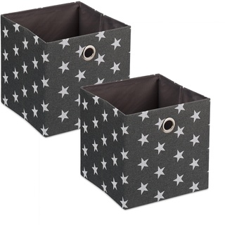 Relaxdays Aufbewahrungsbox aus Stoff, 2er-Set, weiße Sterne, HxBxT: 30,5 x 30 x 30 cm, faltbarer Regalkorb, grau/weiß
