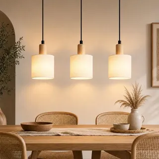 ZMH Pendelleuchte Holz Esstischlampe 3 Flammig Vintage Hängeleuchte mit Stoffschirm E14 Hängelampe für Wohnzimmer Restaurant Schlafzimmer Küche... - Weiß