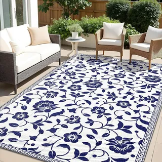 smiry Blumen Muster Outdoor Teppich Wetterfest 150x240 cm, Marine Blau&Weiß | Balkon Camping Teppiche UV-beständig Waschbar Außenteppich Draussen Wendbarer für Terrasse, Garten, Wohnmobil