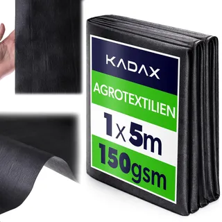 KADAX Unkrautgewebe 1 x 5 m, 150 g/m2, Schwarz Hochbeetfolie aus Polypropylen, Wasserdurchlässig Mulchfolie gegen Unkraut, Unkrautfolie für Garten, Gartenfolie