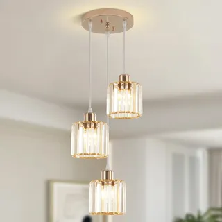 Pendelleuchte Esstisch Pendellampe Kristall, 3 Flammig Gold Kronleuchter Modern Hängelampe Kristall Pendelleuchte Höhenverstellbar E27 Fassung Hängeleuchte für Wohnzimmer Küche Schlafzimmer Flur