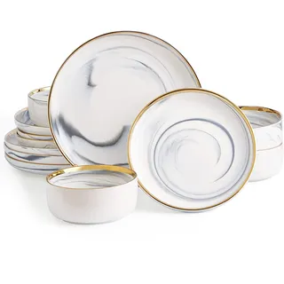 Pokini Marmor-Geschirr-Set mit Goldrand, Porzellanteller und Schüsseln, modernes Luxus-Geschirr-Set für 4 Personen, weiß-graues Porzellan-Geschirr-Set für besondere Anlässe, schnelle Handwäsche