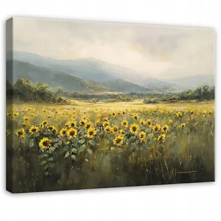 Leinwandbild Sonnenblumen Und Wiese, Natur Landschaft Für Schlafzimmer, Wohnzimmer Und Küche, Hochauflösender Druck, 60 X 40 Cm