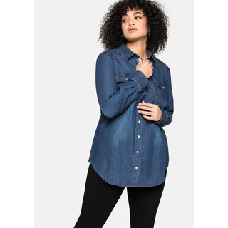 Jeansbluse SHEEGO "Große Größen" Gr. 56, blau (blue denim) Damen Blusen langarm mit Knopfleiste und Brusttaschen