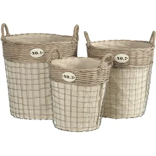 Premier LIDA Set von 3 Runde Körbe Wäschekorb geflochten überzogen mit Baumwolle, Stoff/Metall/Willow, Natur