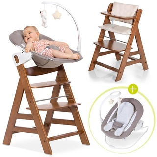 Hauck Hochstuhl Alpha Plus Walnut - Newborn Set (Set, 4 St), Holz Babystuhl ab Geburt inkl. Aufsatz für Neugeborene & Sitzauflage braun