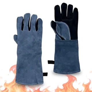 Hitzebeständige Leder Grillhandschuhe, Extra Lange Ofenhandschuhe und Kaminhandschuhe mit Aufhängung, Feuerfeste Hitzeschutz Handschuhe für BBQ, Küche, Grill, Kamin und Schweißen, 1 Paar