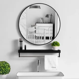 Schwarz Spiegel Rund Wandspiegel,60cm Runder Spiegel Mit Rahmen Aus Aluminiumlegierung,Mit Ablage, Für Badezimmer, Waschtisch, Wohnzimmer, Schlafzimmer, Eingang Wanddekorat(Size:50X50CM,Color:schwarz)