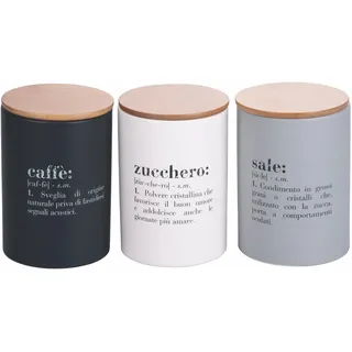 Villa d'Este Home Tivoli Victionary Light Set 3 Dosen für Kaffee, Zucker und Salz 750 ml aus Steingut, Bambusdeckel