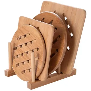 Cozywind Topfuntersetzer Untersetzer aus Bambus-Holz 4er Topf Untersetzer Hitzebeständig Pfannenuntersetzer-Set mit Abtropfgestell für Küche Schüssel Töpfe und Pfannen (15cm+18cm)