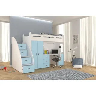 thematys Etagenbett 80x200cm mit Treppe, Schrank und Schreibtisch Hochglanz (für Jungen und Mädchen, Jugendbett, Kleiderschrank, Kinderzimmer, 3 in 1, 180cm x 130cm x 259cm) blau