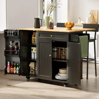 Xbro Kücheninsel mit Arbeitsplatte, Küchenwagen auf 5 Rädern mit Ablage und 1 Schublade, für Küche und Esszimmer, 130 × 75 × 88 cm, Schwarz