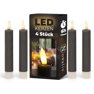 Novaliv Stabkerzen LED mit Timer GRAU 4 Stück Indoor 6 Stunden - ECHTWACHS 15cm Höhe für Kerzen 2,2cm Durchmesser 2 AAA Batterien notwendig LED Stabkerzen flackernde Flamme bewegliche Flamme Licht
