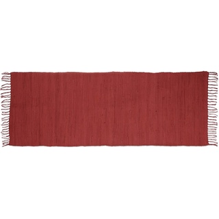 Relaxdays Flickenteppich rot 80 x 200 cm mit Fransen aus 100 % Baumwolle einfarbig, Fleckerlteppich, red