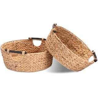Decorasian 2er Set Korb Aufbewahrung rund geflochten aus Seegras mit Holzgriffen - Wasserhyazinthe 47cm + 42cm - Wäschekorb groß