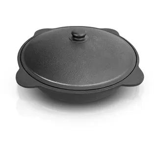 ZARENHOFF Gusseisen Kazan mit Deckel aus Aluminiumguss, flacher Boden,Usbekischer Topf, WOK, Kasan, Camping Topf, Feuerofen, BBQ Dutch Oven, Gulaschkanone, Schmortopf mit Deckel (6 L)