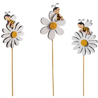 Blumenstecker - Pflanzen Deko - Deko Stecker - Gartenstecker - Blumentopf Deko - Pflanzenstecker - Tiere/Figuren (Blüte Holz 8,5/30cm 12St.am Stab sortiert mit Biene - weiß/gelb)