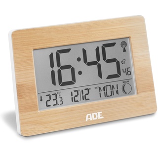 ADE Große Digitale Funkuhr mit XXL-Ziffern | Tischuhr und Funkwecker mit Kalenderfunktion | mit Temperaturanzeige | Gehäuse mit echtem Bambus | mit Batterien