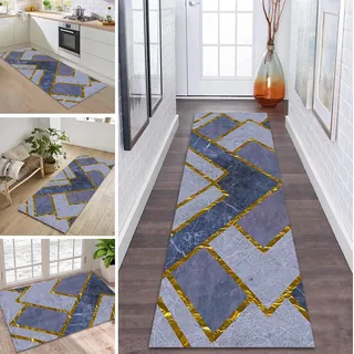 ZDYHMrj Teppich Läufer Lang Flur Küche Teppichläufer rutschfest Waschbar Küchenläufer Teppichmatten Blau Violett Gold Flurläufer 40X120CM Schmutzfangmatte Meterware Schlafzimmer Korridor Wohnzimmer