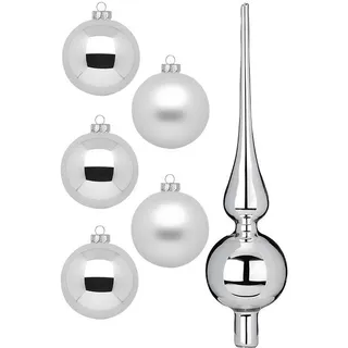 MAGIC by Inge Weihnachtsbaumkugel Frosty Silver, Weihnachtsdeko, Christbaumschmuck (46 St), Christbaumkugeln aus Glas, 45 Kugeln Ø ca. 4-6 cm, inkl. Spitze 28 cm silberfarben