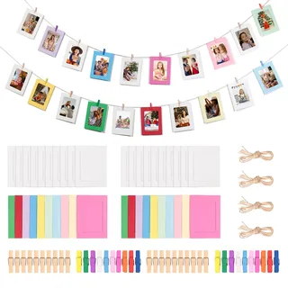 LUBOXIN Fotogirlande Geburtstag 40 Stück Fotoleine mit Klammern 11x15 cm | DIY Papier Bilderrahmen mit 40 Holzklammern und 4 Rollen Hanfschnur für Hängende Wanddekoration Zimmer Deko(Farbe + Weiß)