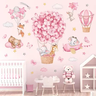 wondever Wandtattoo Heißluftballon Rosa Wandsticker Tiere Blumen Flugzeug
