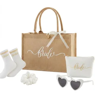 Hestya 4 Stück Braut Geschenk JGA Accessoires Frauen Bride to Be Hochzeitsgeschenk Jute Tragetasche Kosmetiktasche Bride Socken Hochzeitssonnenbrille für Brautparty Strand Verlobung Flitterwochen - L
