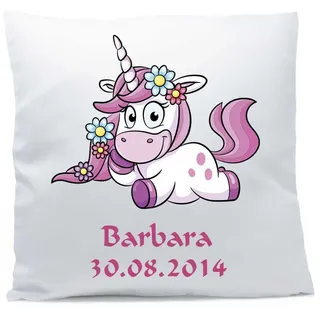 personalisiertes Kissen Sternzeichen mit Namen und Wunschtext ★ Einhorn pink ★ 40x40 cm inkl. Füllung (Jungfrau, Vorderseite weiß/RS rot)