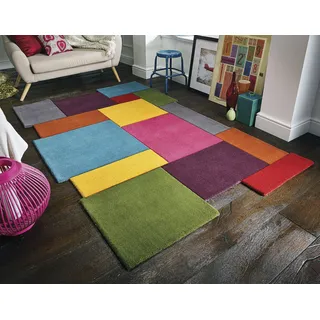 Wollteppich FLAIR RUGS "Abstract Collage, 100% Wolle", bunt (multi), B:120cm H:11mm L:180cm, Wolle, Teppiche, Karo Design, Patchwork, modern, mehrfarbig, Wohnzimmer, Schlafzimmer