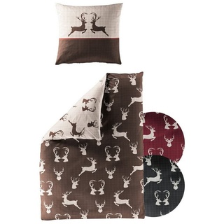 JACK Wendebettwäsche 135x200cm Hirsch Kariert Anthrazit Braun Rot Bierbaum, Biber, 2 teilig, Landhausstil, modern braun