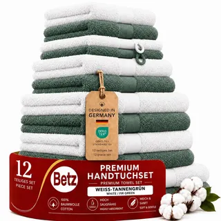 Betz Premium Handtuch-Set 12-teilig – 100% Baumwolle – Oeko-TEX® Zertifiziert – 470 g/m2 – 2 Duschtücher, 4 Handtücher, 2 Gästetücher, 2 Seiftücher & 2 Waschhandschuhe - Farbe weiß/tannengrün