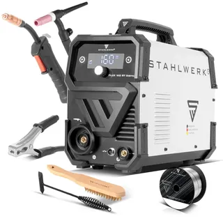 STAHLWERK Schweißgerät FLUX 160 ST Digital, Starter-Set mit 160 A und IGBT | 3-in-1 Kombi für Fülldrahtschweißen ohne Schutzgas, MMA (E-Hand/ARC), Lift-TIG (DC), synergischer Drahtvorschub und LED-Licht