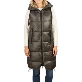 DENIMFY Steppweste Damen lang mit Kapuze Regular Fit DFCaro Weste Knielang Outdoor Reißverschluss Taschen Herbst Winter Beige Schwarz Grün S M L XL XXL - S