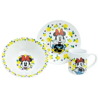 Disney Minnie Mouse Kindergeschirr-Set Keramik 3 teilig Teller Schüssel Becher in Geschenkbox (3-tlg), 1 Personen, Keramik
