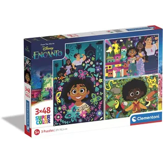 Clementoni - 25286 - Supercolor Puzzle - Disney Encanto - 3 Puzzle mit 48 Teile Ab 5 Jahren, Buntes Kinderpuzzle Mit Besonderer Leuchtkraft & Farbintensität, Geschicklichkeitsspiel Für Kinder