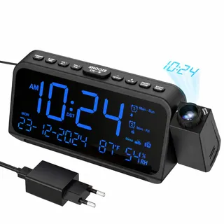 ROCAM Radiowecker mit Projektion, Projektionswecker für Schlafzimmer | 270° drehbar, 5 Helligkeitsstufen, LED Wecker mit Temperatur, Luftfeuchtigkeit, Doppelalarm, Snooze, USB-C & Nachtlicht