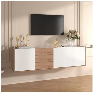 Merax TV-Schrank Landhaus mit 3 Schubladen und 3 Türen, Fernsehtisch Lowboard mit verstellbaren Einlegeböden, TV-Board freistehend/hängend weiß