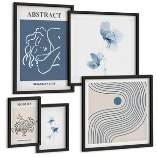 BILDER SET 5er Set - 50x50 cm & 20x30 cm & 40x60 cm Schwarzer Rahmen - abstrakte Poster mit Blumenlinien