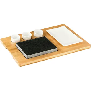 Morleos Hot Stone Lavastein Heißer Stein Grill Steak Stone Grillstein Heisser Stein  inkl. Teller + 3 Beilagen- Dipschalen (Weiß, 7- Teilig)