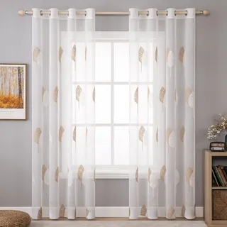MIULEE Wohnzimmer Vorhänge Transparent mit Braun und Weiss Blätter Muster, Modern Stickerei Gardinen Ösen für Schlafzimmer Deko, 2er Set Schöne Blätter Muster Vorhang Fenster H 280 x B 140