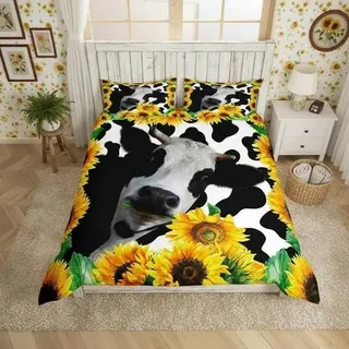 Bettwäsche-Set Kuh Sonnenblumen 155x220 cm Mikrofaser mit Reißverschluss