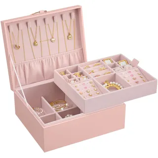 SONGMICS Schmuckkästchen 2 Ebenen, mit Metallgriff, 23,9 x 20 x 11,2 cm | Schmuckkasten, flexibles Schmucktablett, mit Griff, Geschenkidee, Pastellrosa, Greeta Kollektion JBC165R01