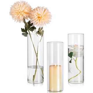 Glasseam Zylinder Hohe Vase, 30 x 10 cm Schöne Blumenvase Set 3, Klar Tulpenvase Glas Vase Deko, Minimalistische Zylindervasen Glas Design Blumen Vasen Tischvase für Wohnzimmer Hochzeit Tischdeko