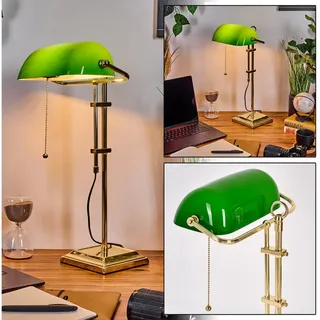 hofstein Tischleuchte Tischlampe aus Metall/Glas in Messing/Grün/Weiß, ohne Leuchtmittel, Bankerlampe, Schreibtischlampe mit Zugschnur, 1 x E27 grün