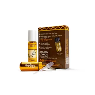 Myrrh Salböl aus Israel, Geschenk-Set mit Spender, Holy Jerusalem Öl und goldenem Metall-Schlüsselanhänger-Flaschenbehälter, Kunststoff-Tropfen und kleine Glasfläschchen, Aceite Ungido y Botella