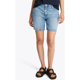 Shorts TOMMY HILFIGER "DNM STRAIGHT SHORT RW SIA", Damen, Gr. 29, N-Gr, blau (sia), Denim/Jeans, Obermaterial: 100% Baumwolle, unifarben, casual, straight fit kurz, Hosen, mit leichter Waschung, Logo-Bage