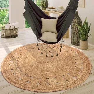 Paco Home Teppich Rund Wohnzimmer Jute Boho Ethno Muster Modern Handgefertigt Naturteppich Natur, 80 Cm Rund